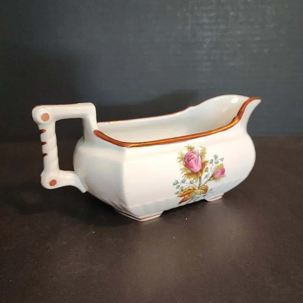 Vtg Royal Ironstone China England-W. H. Grindley Gravy Boat Roses Copper Luster